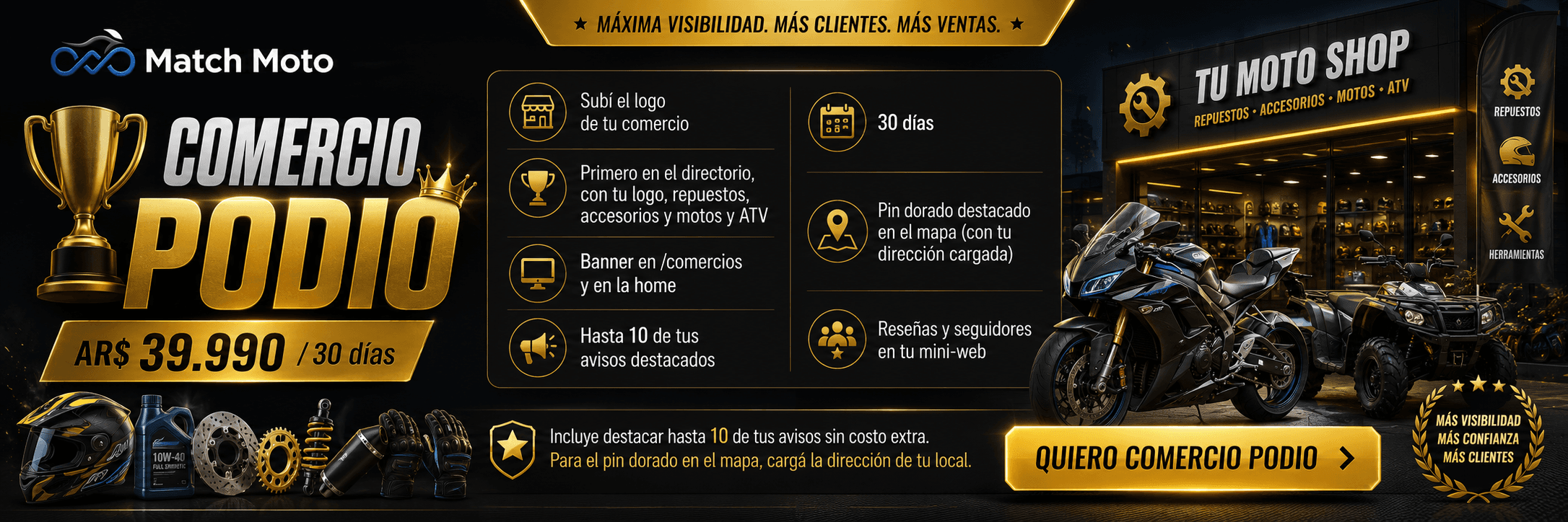 Destacá tu comercio en MatchMoto — logo, banner y prioridad en el directorio